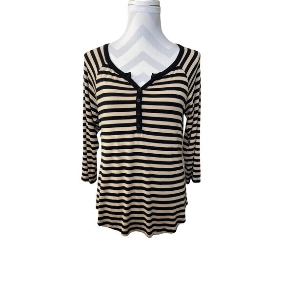 Cable & Gauge Half Button Popover Medium Tan Black Striped Quarter Sleeve - Picture 1 of 7
